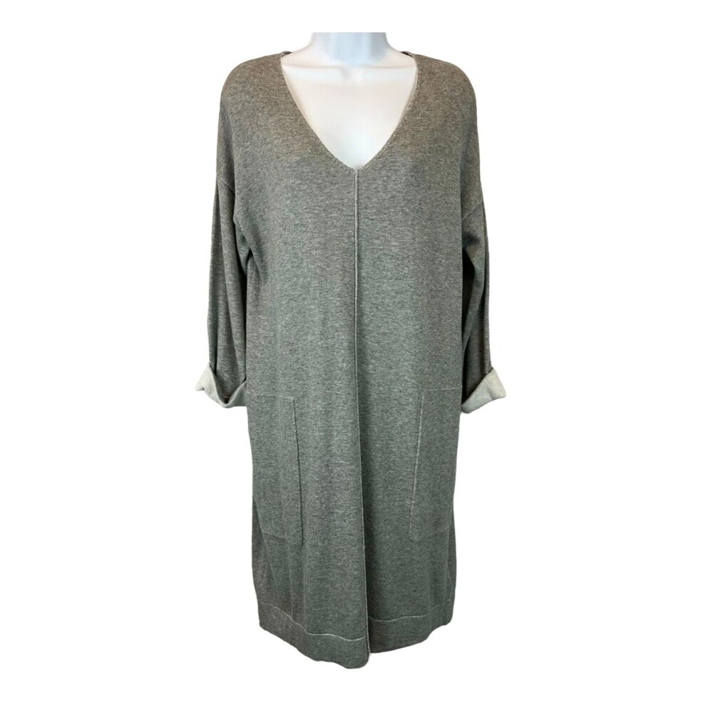 Dalia Casual 3/4-Sleeve Knit Tunic Dress w Pockets Size M Heather Gray